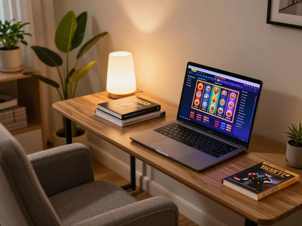 Engaging with BK8 casino games on a laptop in a cozy home office atmosphere
