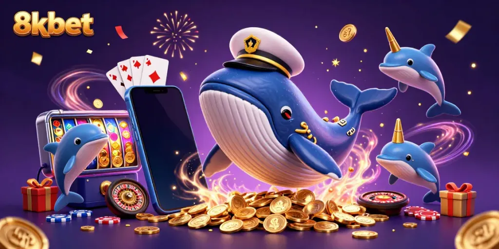 Experience thrilling gameplay with 8xbet as a whale, narwhal, and dolphins celebrate with coins and cards.