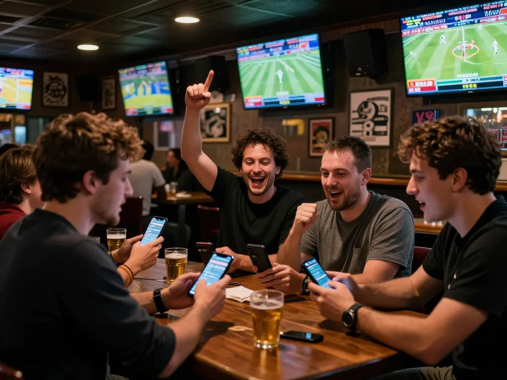 Patrons engaging in sports betting at a lively bar, showcasing the excitement of wagering on games while using mobile apps, embodying the vibrant FC88 experience.