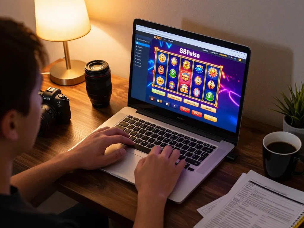 Pengguna yang terlibat menganalisis permainan slot 88Pulsa sambil fokus pada strategi perjudian yang bertanggung jawab dari pengaturan rumah yang nyaman.
