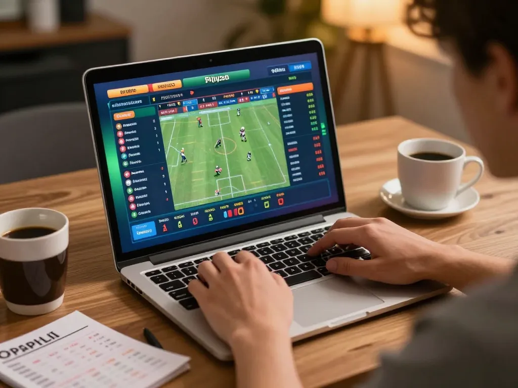 Engaging sports betting scene on ta88 with a player analyzing odds on laptop for informed decisions.