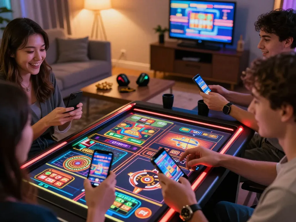 Players enjoying an octaslot game on mobile devices in a cozy home setting.