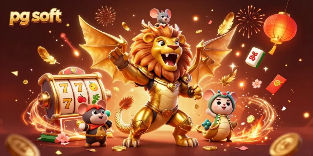 Ilustrasi 3D meriah menampilkan pg soft dengan mesin slot, mahjong, dan dekorasi perayaan yang bersinar.
