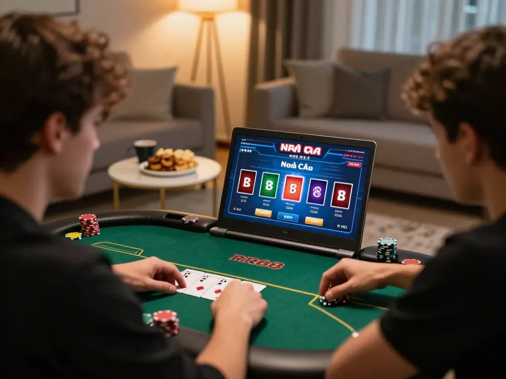 Enjoying an online poker game at Nhà Cái RR88 in a cozy home setting.