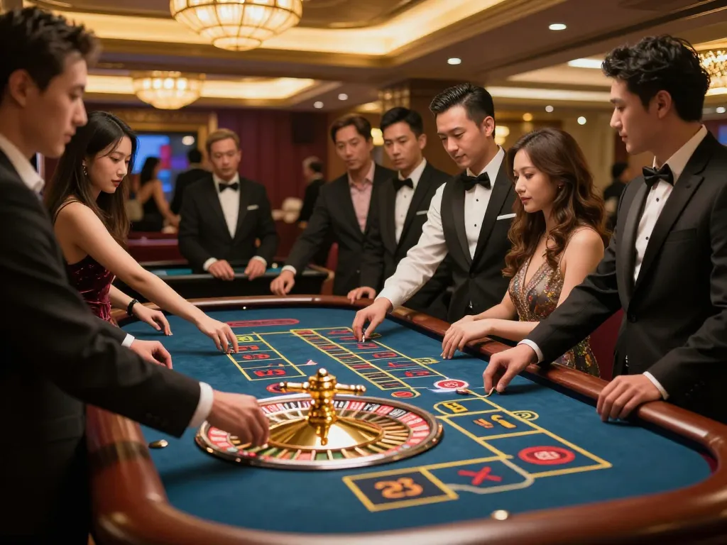 Scene of players engaging in energetic roulette gameplay at MB66 casino, showcasing excitement and dynamic atmosphere.