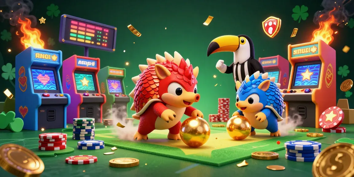 Rival pangolins in red and blue scaled armor bowl golden balls through poker chips at a casino.