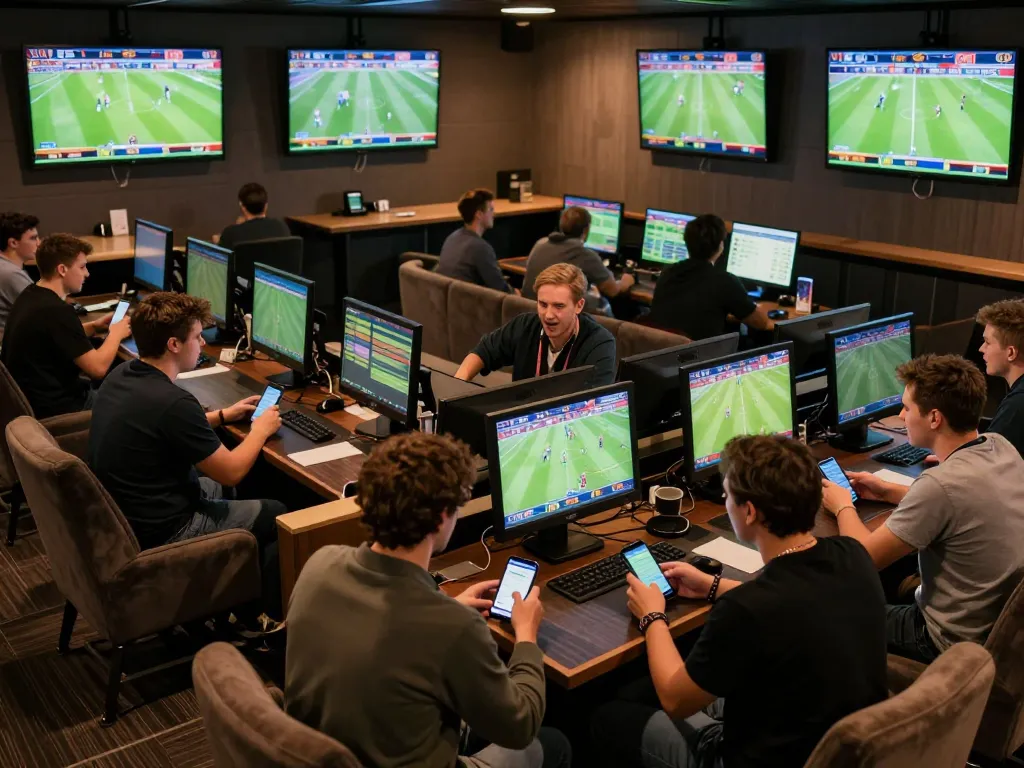 Fans engaged in active sports betting at tructiepbongda lounge with multiple screens displaying live matches.