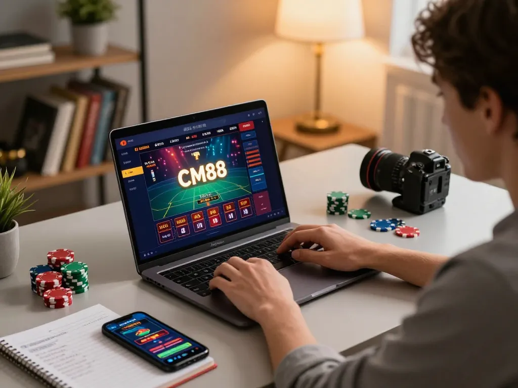 Player engaged in online casino gaming at CM88, showcasing strategy tools and cozy setup for focused gameplay.