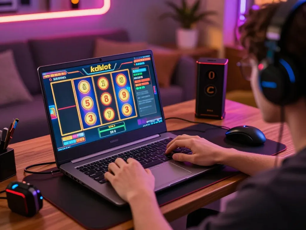 Player engaged in a kdslot game on a laptop, showcasing vibrant online gaming atmosphere.
