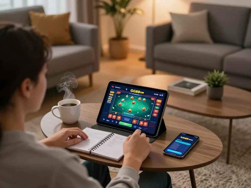 Engaged user playing GG88 com on tablet in a cozy home setting, showcasing a vibrant online casino experience.