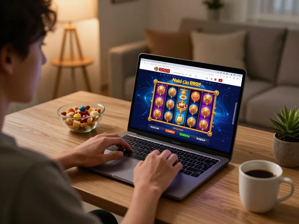 Engaged player exploring Nhà Cái RR88 online casino on their laptop, showcasing vibrant slot games.