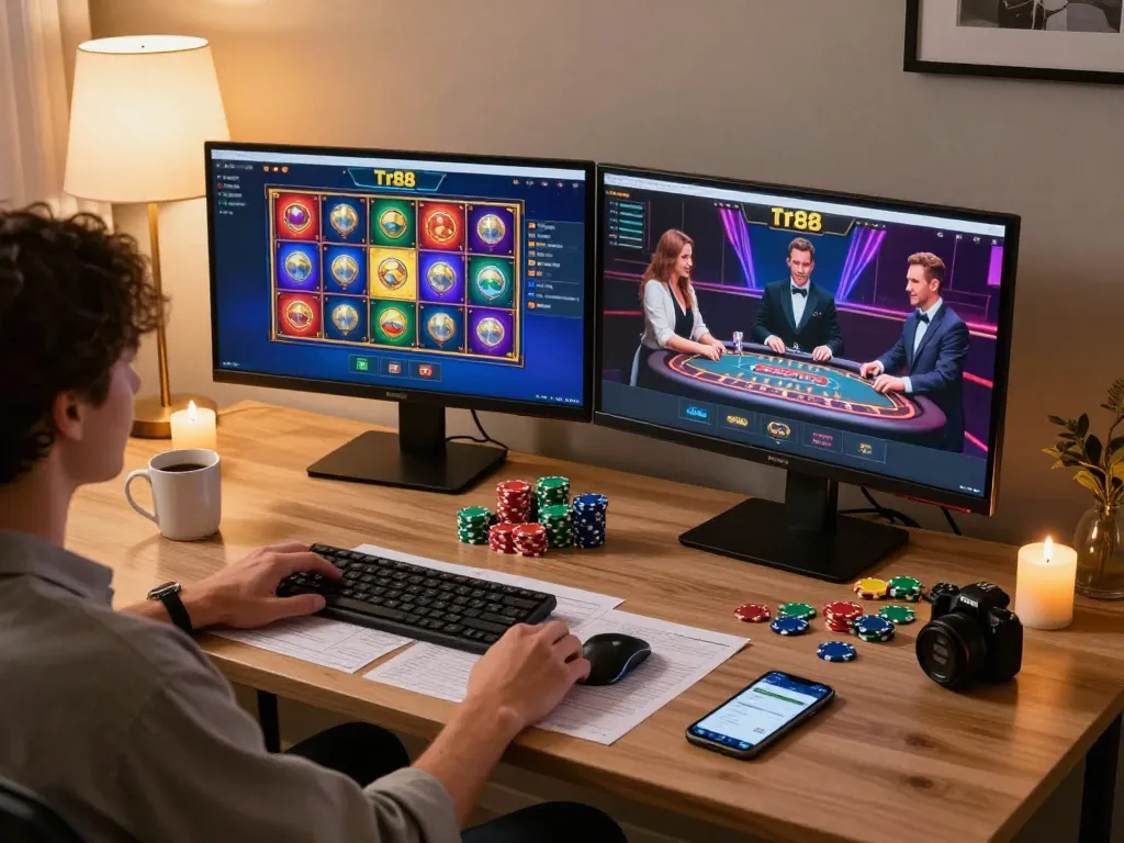 Engaging in Tr88 win gameplay on dual monitors at home, showcasing a live dealer table and vibrant slot game interface.