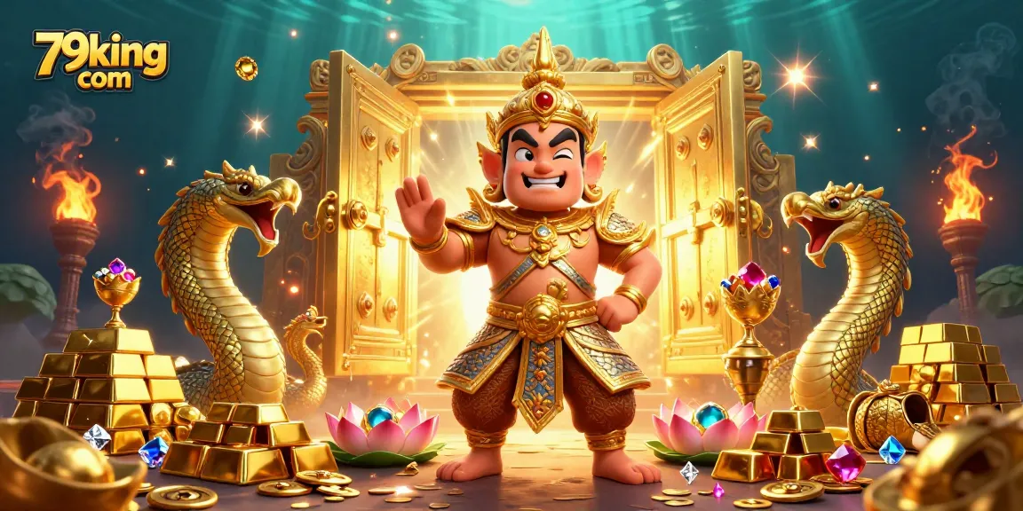 Win at 79king com with a vibrant 3D casino guardian surrounded by treasures and gems.