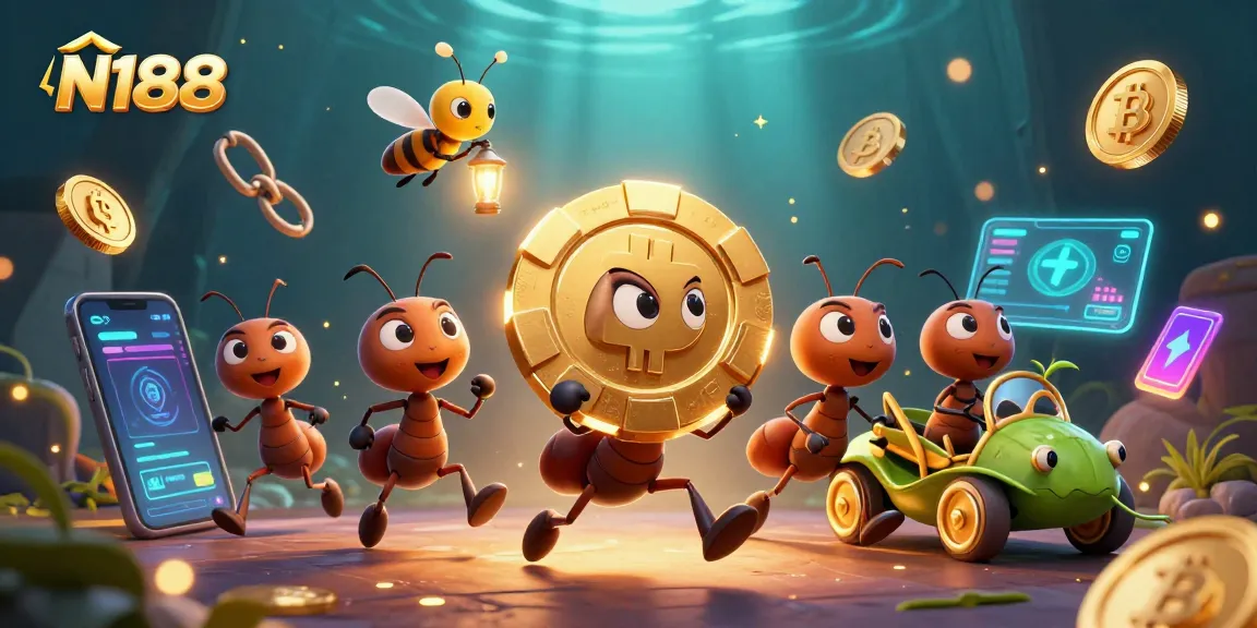 N188 showcases a whimsical scene of ants carrying a giant poker chip, surrounded by gaming elements.
