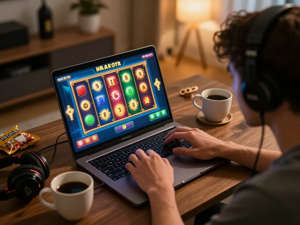 Engaging gameplay experience on slot pulsa showcased in a cozy home setting, vibrant reels aligning on screen.
