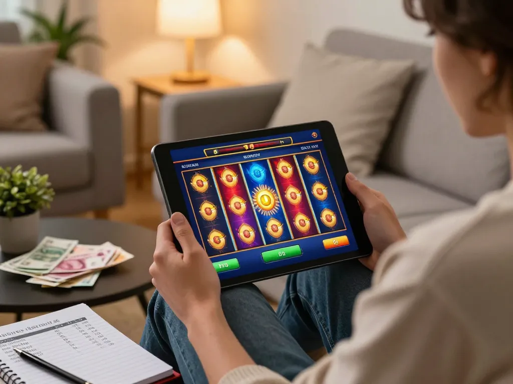 Engaging slot online game experience with a person gaming from home, showcasing strategic bankroll management.
