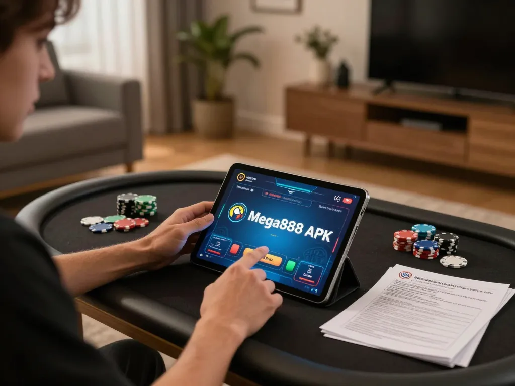 Mega888 APK gameplay on a tablet during a cozy home gaming session, showcasing strategy notes.