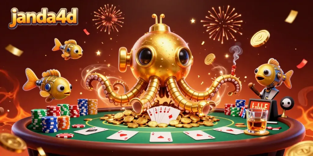 Mengalami keseruan judi online dengan janda4d, kraken emas dan koin berkilau di tabel poker.