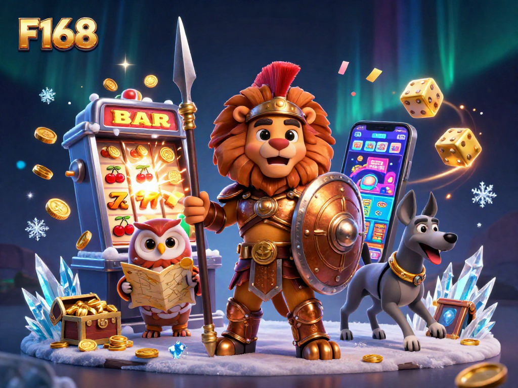 Spin the reels with F168's exciting jackpot slot machine illustration and vibrant casino elements.