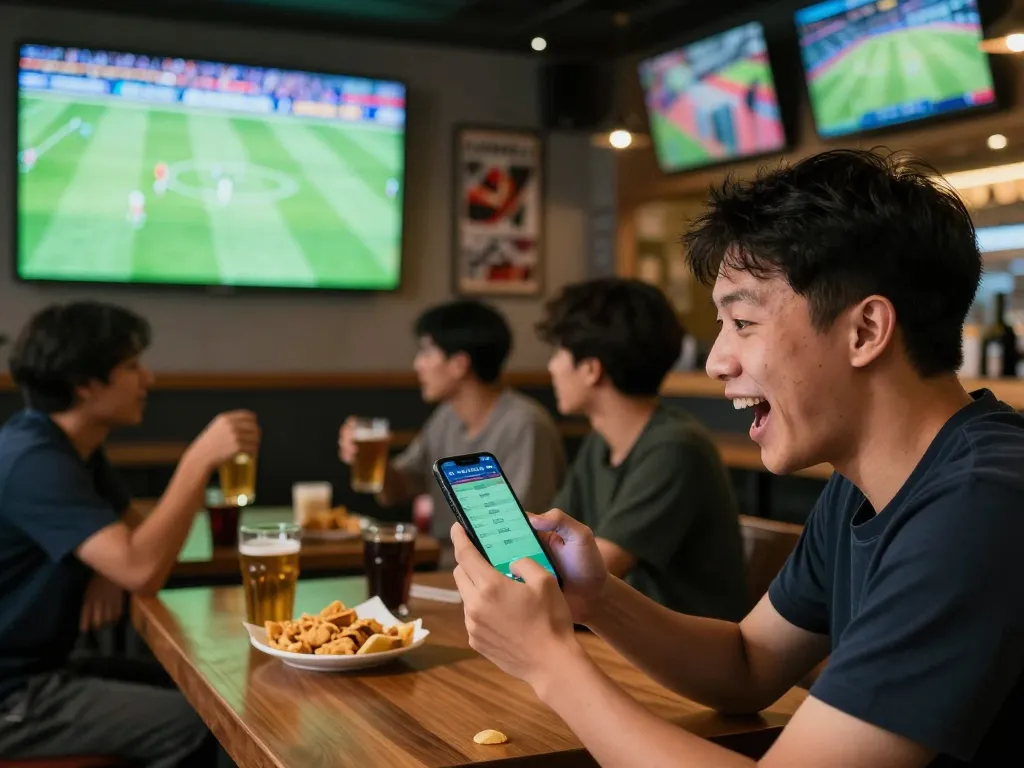 Engaged sports bettor placing bets on keo bong da truc tuyen while watching football in a lively sports bar
