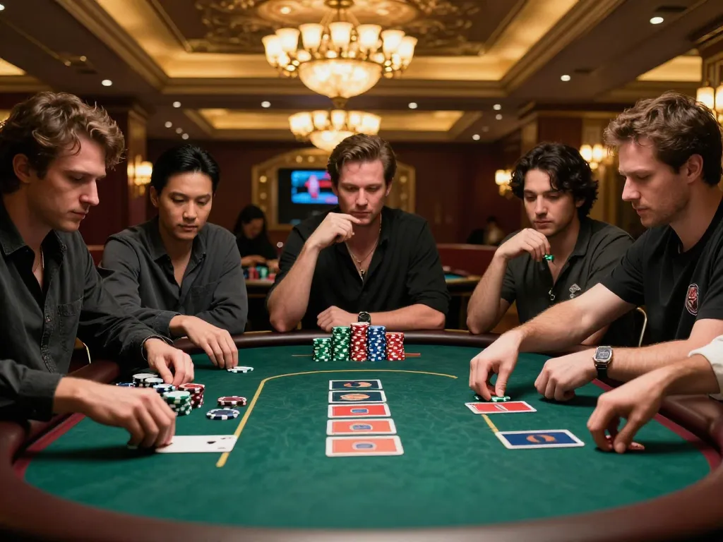 Engaged players at Poker88 Alternatif Link table strategizing in a luxurious casino setting