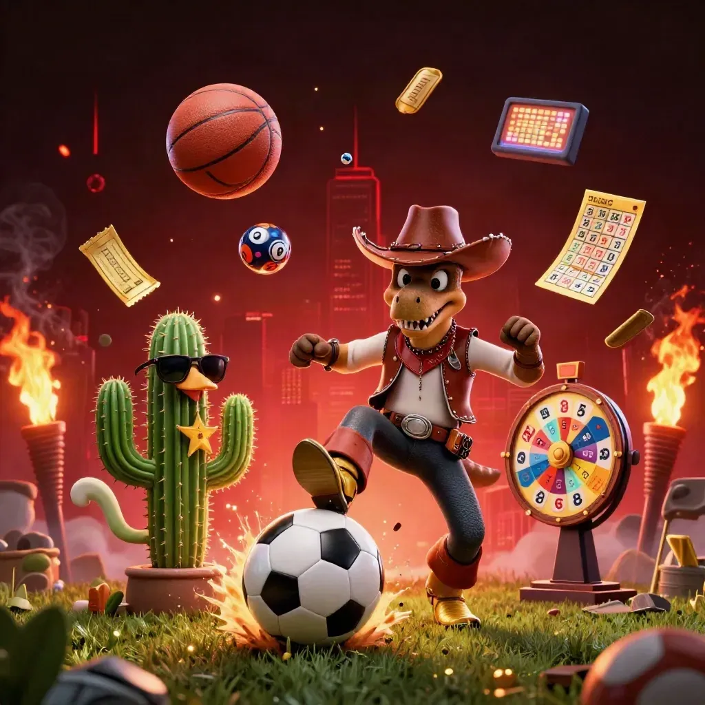 Cowboy T-Rex, cactus and roadrunner burst around a soccer ball with casino sparks.