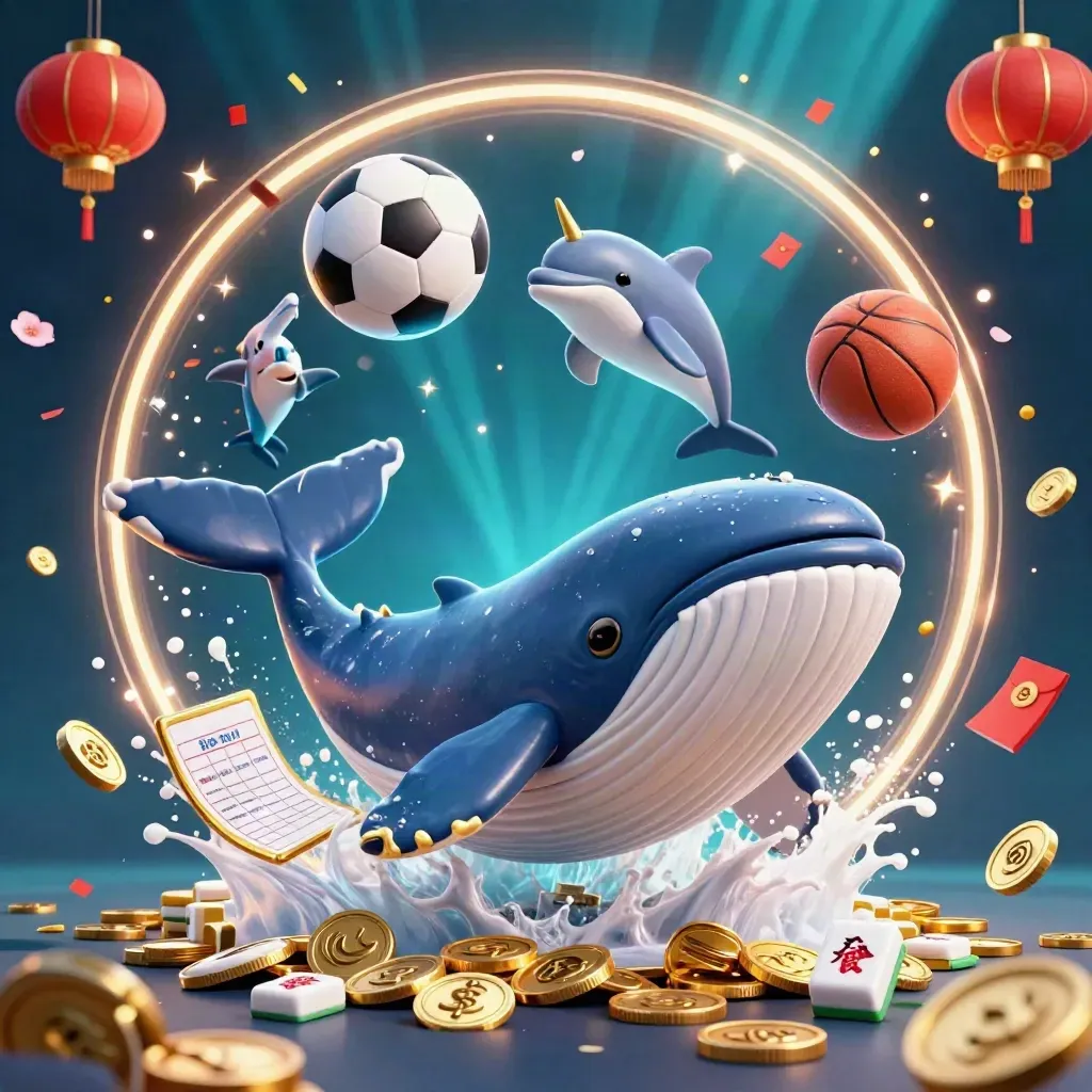 Whale captain, narwhal and dolphins erupt through coins and sports balls in teal-gold casino glow.