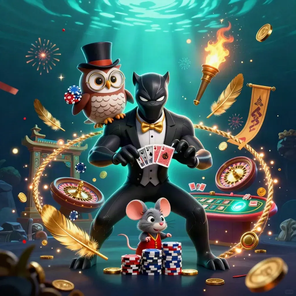 Panther, owl, and mouse casino heroes amid gold, teal glow, confetti, and a temple gate