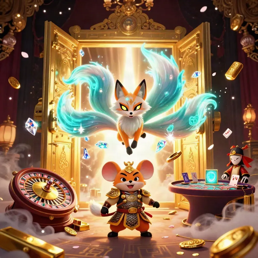 Fox spirit and armored mouse open a treasure vault amid gold, gems, neon glow, and casino symbols.
