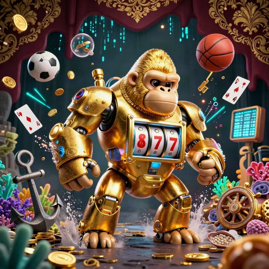 Golden gorilla slot-mech and monkey pilot amid treasure cove, cards, coral, and flying sports balls.