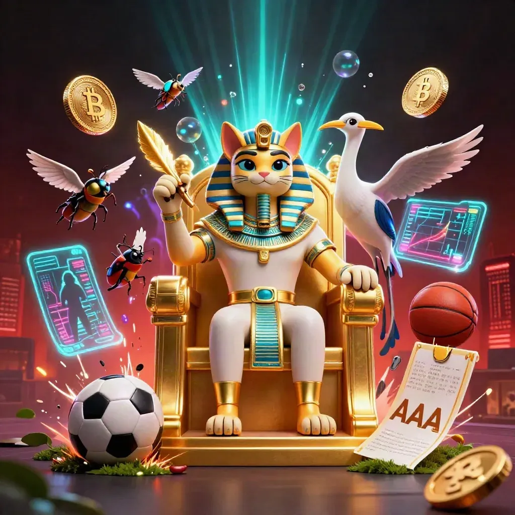 Pharaoh cat, ibis and scarabs amid flying coins, balls and neon casino energy.