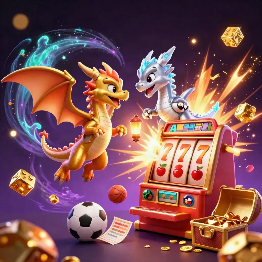 Gold and silver dragons spiral around a bursting slot machine with flying casino symbols and glowing sports balls.