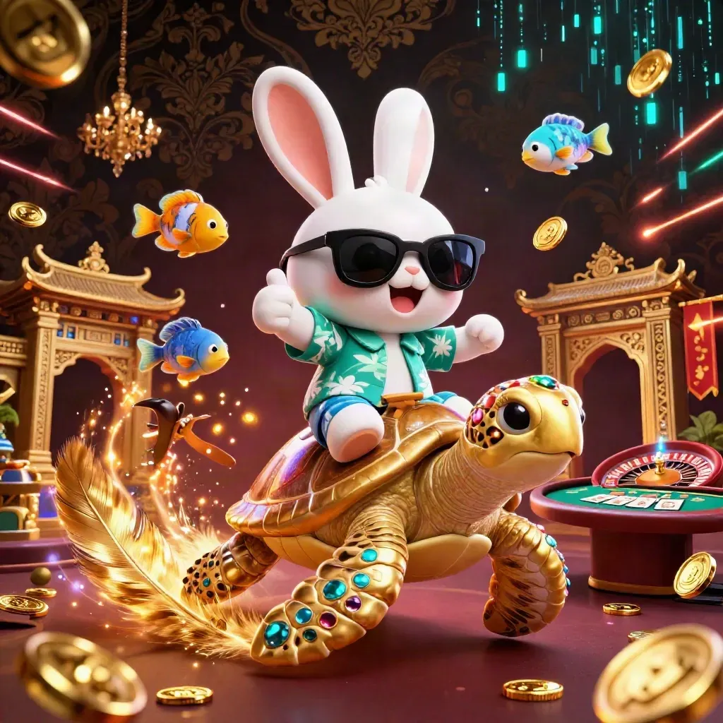 Lucky rabbit rides a gold sea turtle in a luxe casino scene with roulette, temple gate, and glow.