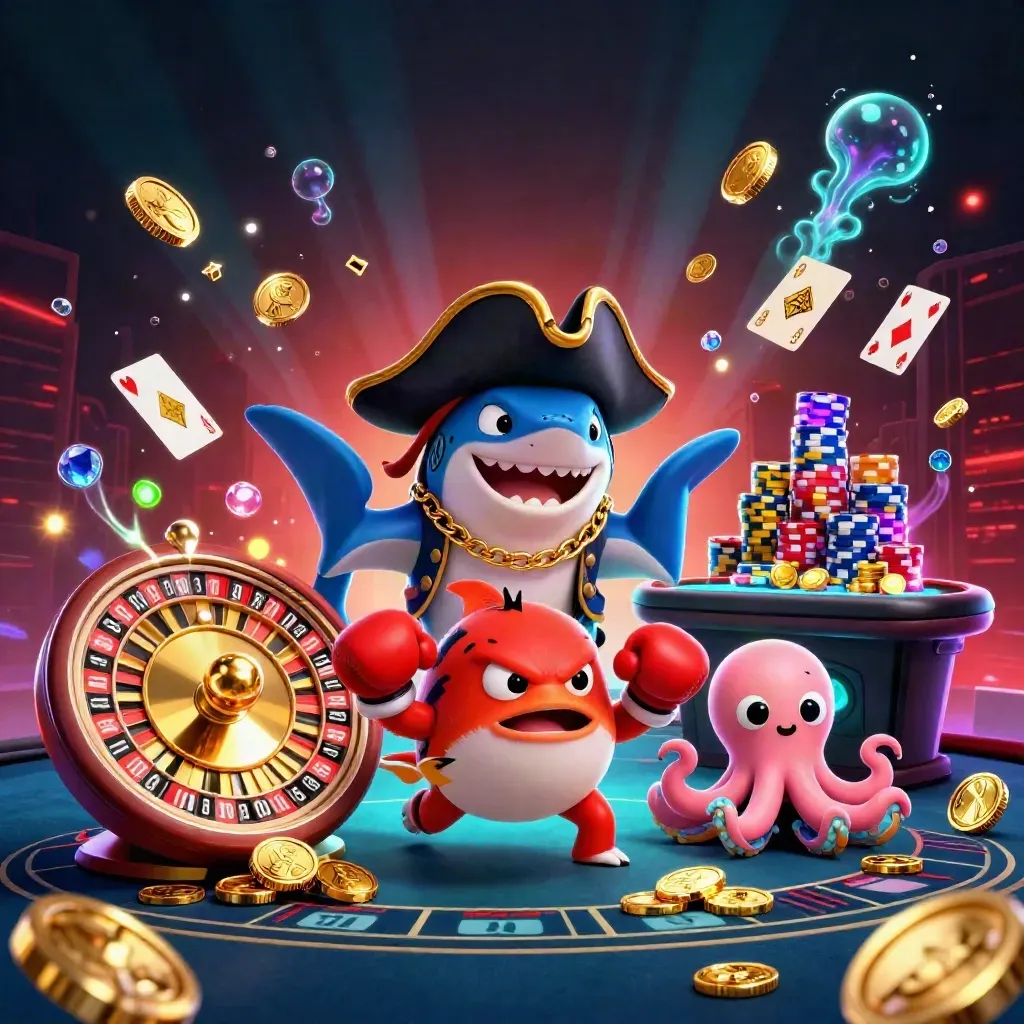 Pirate shark, boxing pufferfish, and juggling octopus amid casino coins and neon glow
