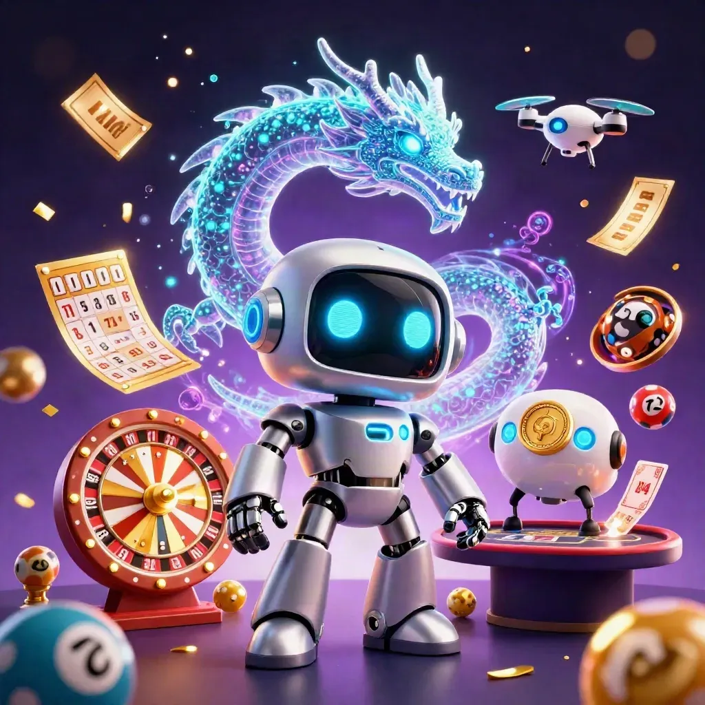 Cyberpunk robot, holographic dragon and drone amid casino props in neon gold light