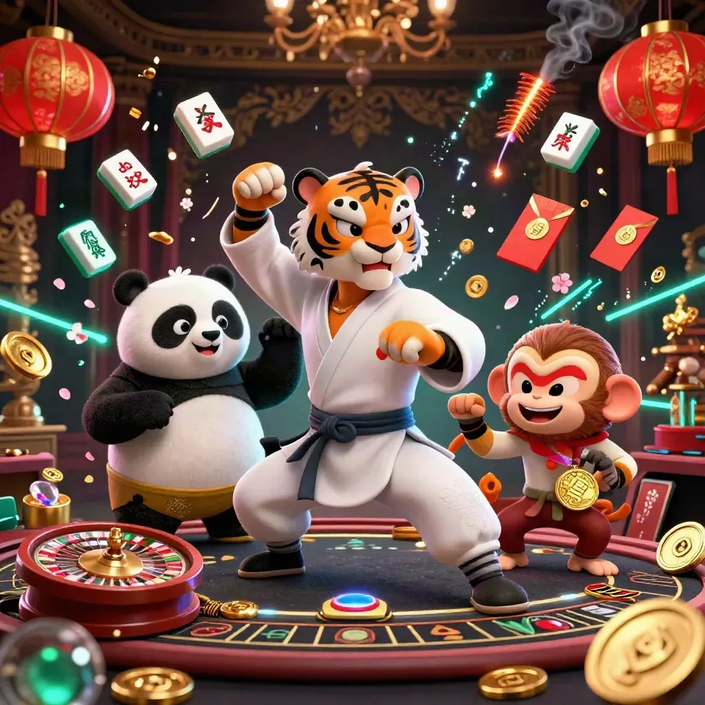 Kung-fu tiger, panda, and monkey in a glowing casino room with lanterns, coins, and gold light.