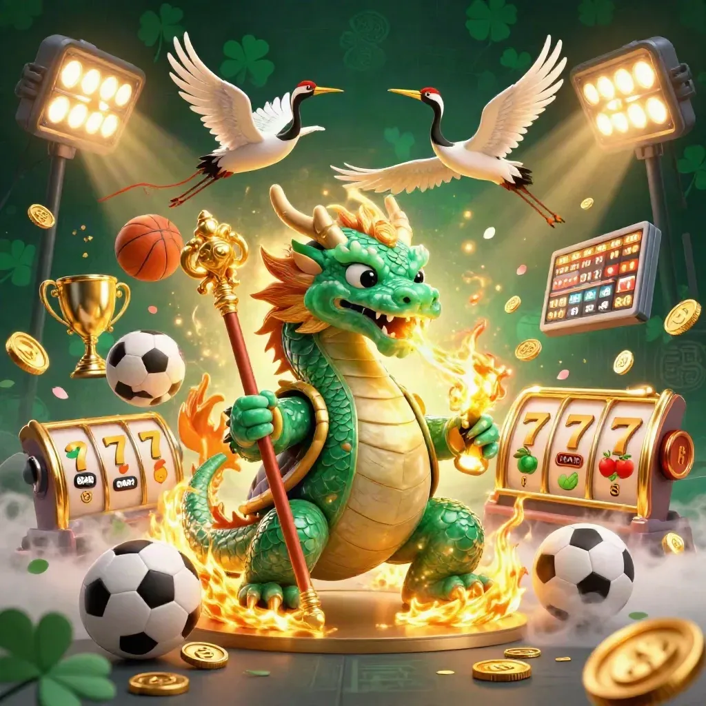 Emerald dragon, turtle sage, and cranes amid gold fire, coins, balls, and casino magic.
