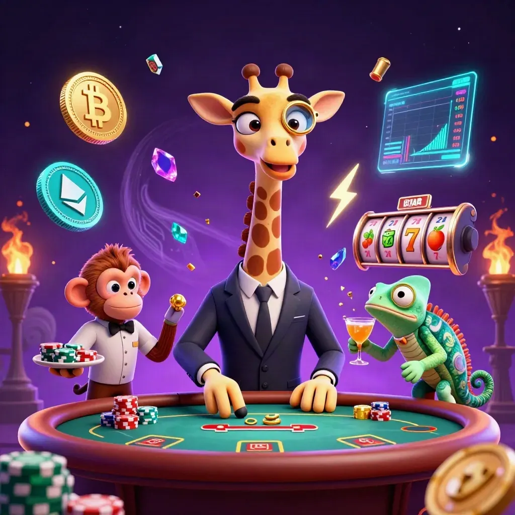 High-roller giraffe, monkey valet, and chameleon bartender amid neon casino magic and crypto sparks