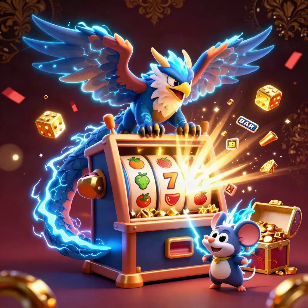 Thunder dragon, hawk, and mouse amid jackpots, gold, and neon casino magic.