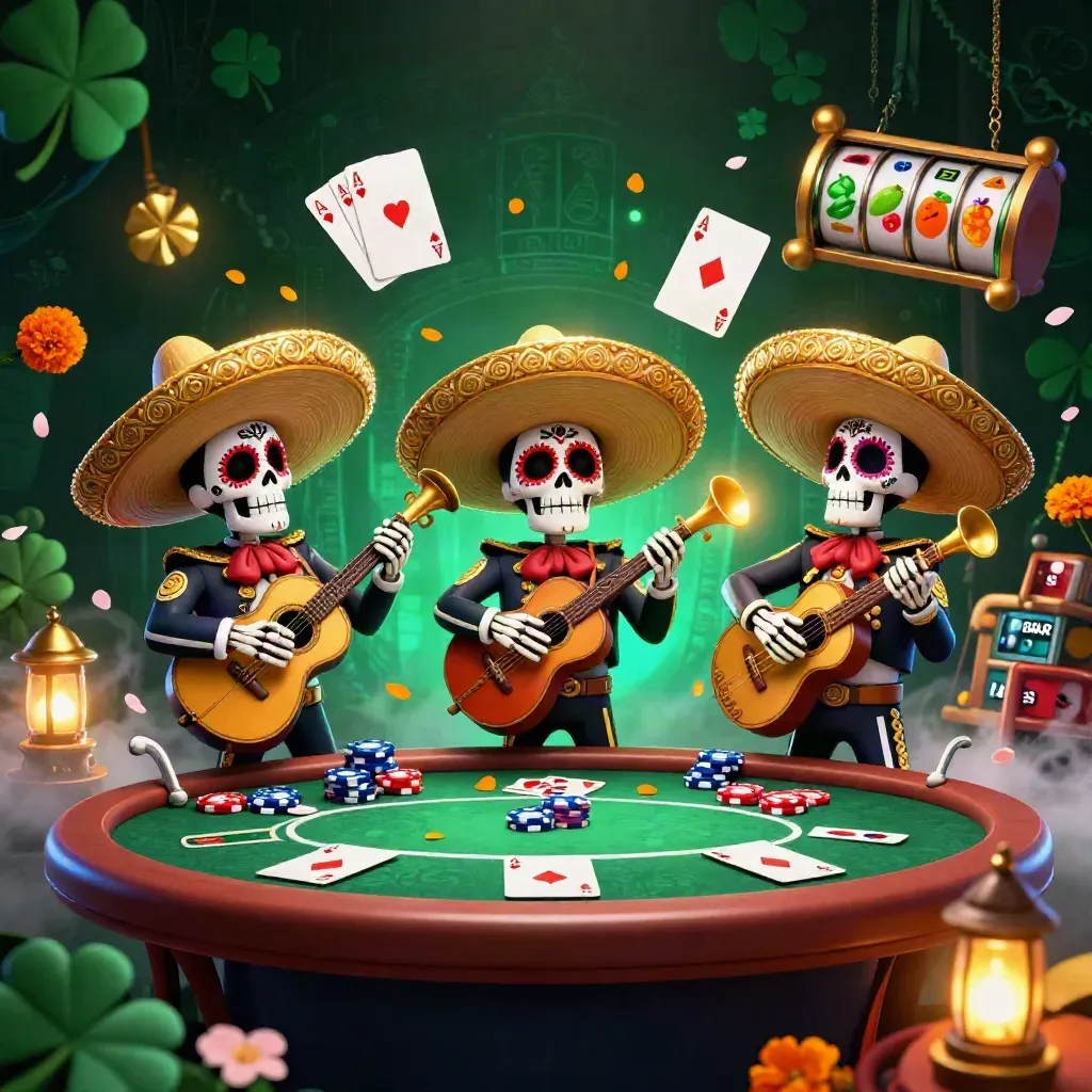 Three skeleton mariachi performers burst from a neon casino scene with cards, chips, and petals.