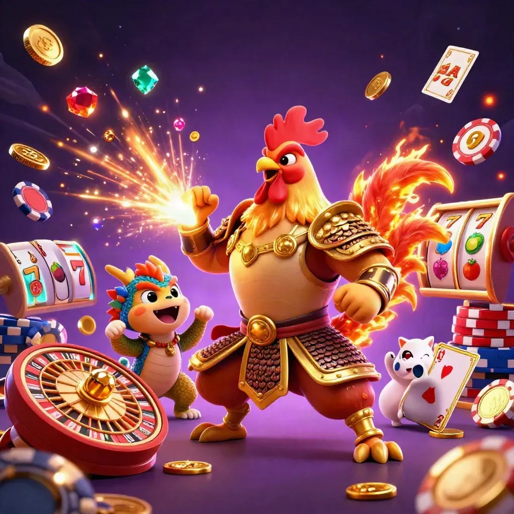Rooster warrior, dragon hatchling, and fortune cat amid casino coins, gems, chips, and glowing magic.