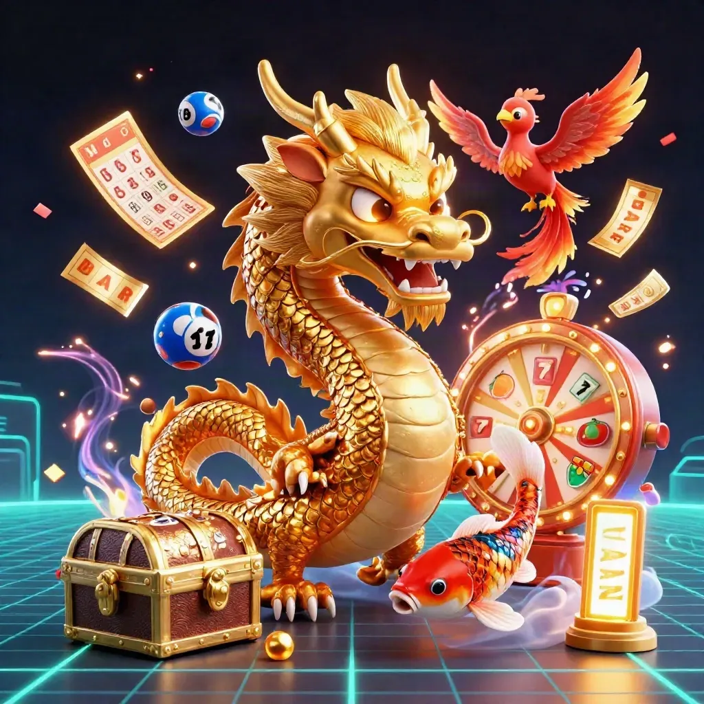 Golden dragon, phoenix, and koi explode amid teal casino lights, gems, and slot icons.
