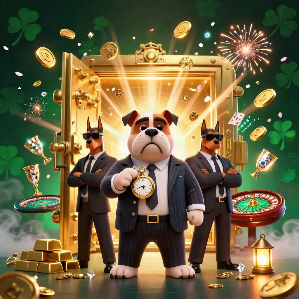 Bulldog mafia boss and two dobermans amid exploding vault, gold, cards, and casino lights.