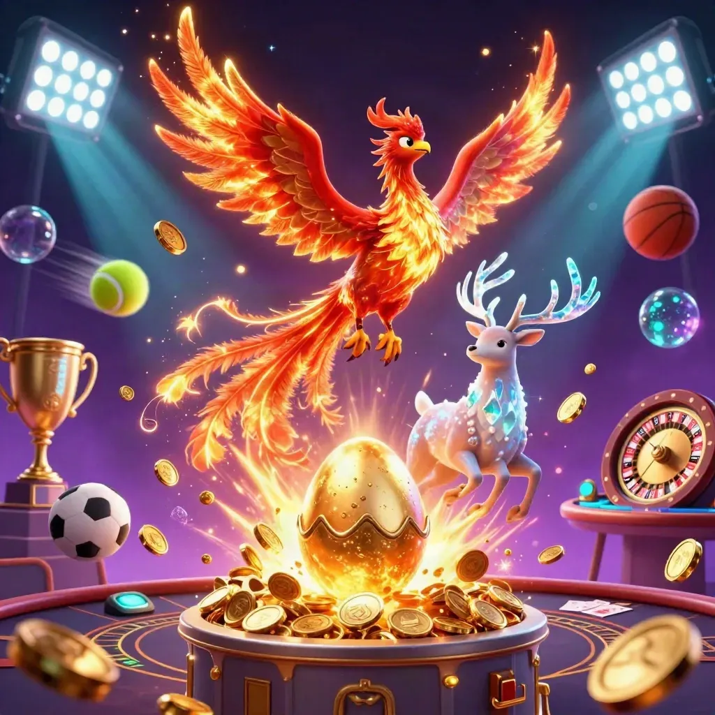 Phoenix, stag, baby phoenix, casino treasures, coins, and glowing sports props in a neon cosmic burst