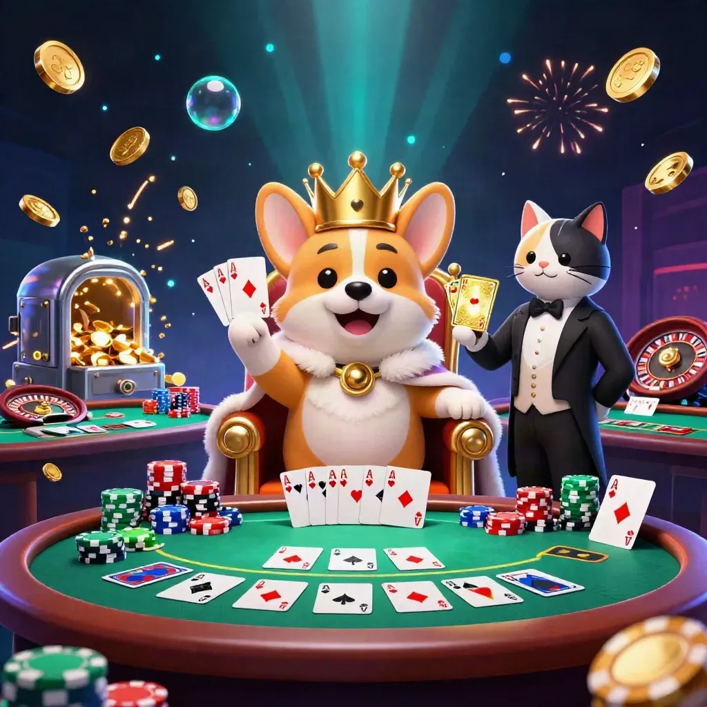 Royal corgi and cat butler amid casino chips, cards, coins, neon glow and fireworks.