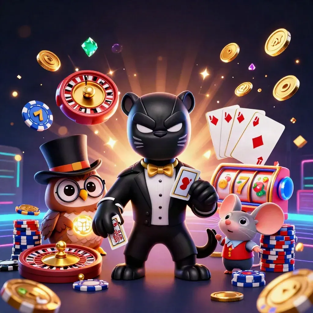 Black panther, owl, and mouse with casino chips, coins, roulette wheel, and glowing slot symbols.