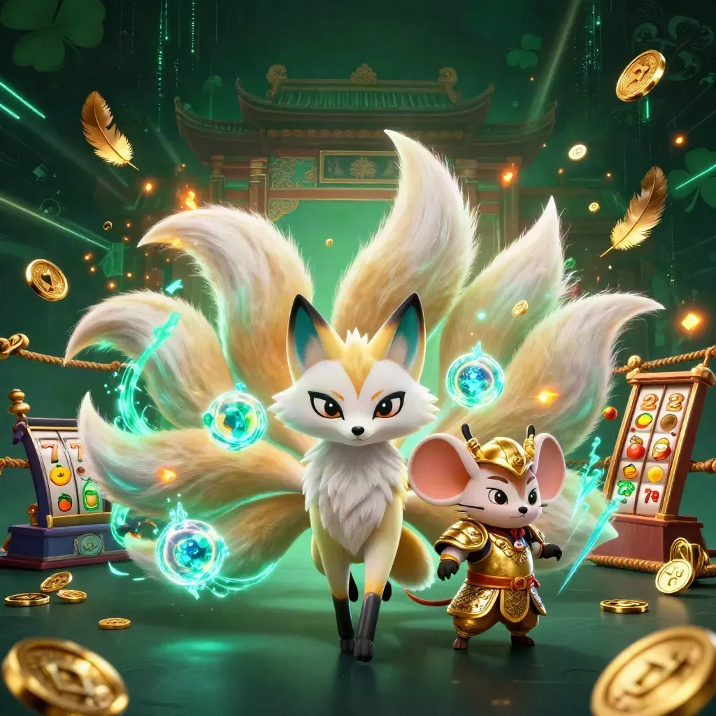Nine-tailed neon fox and armored mouse amid casino reels, gold sparks, and temple glow