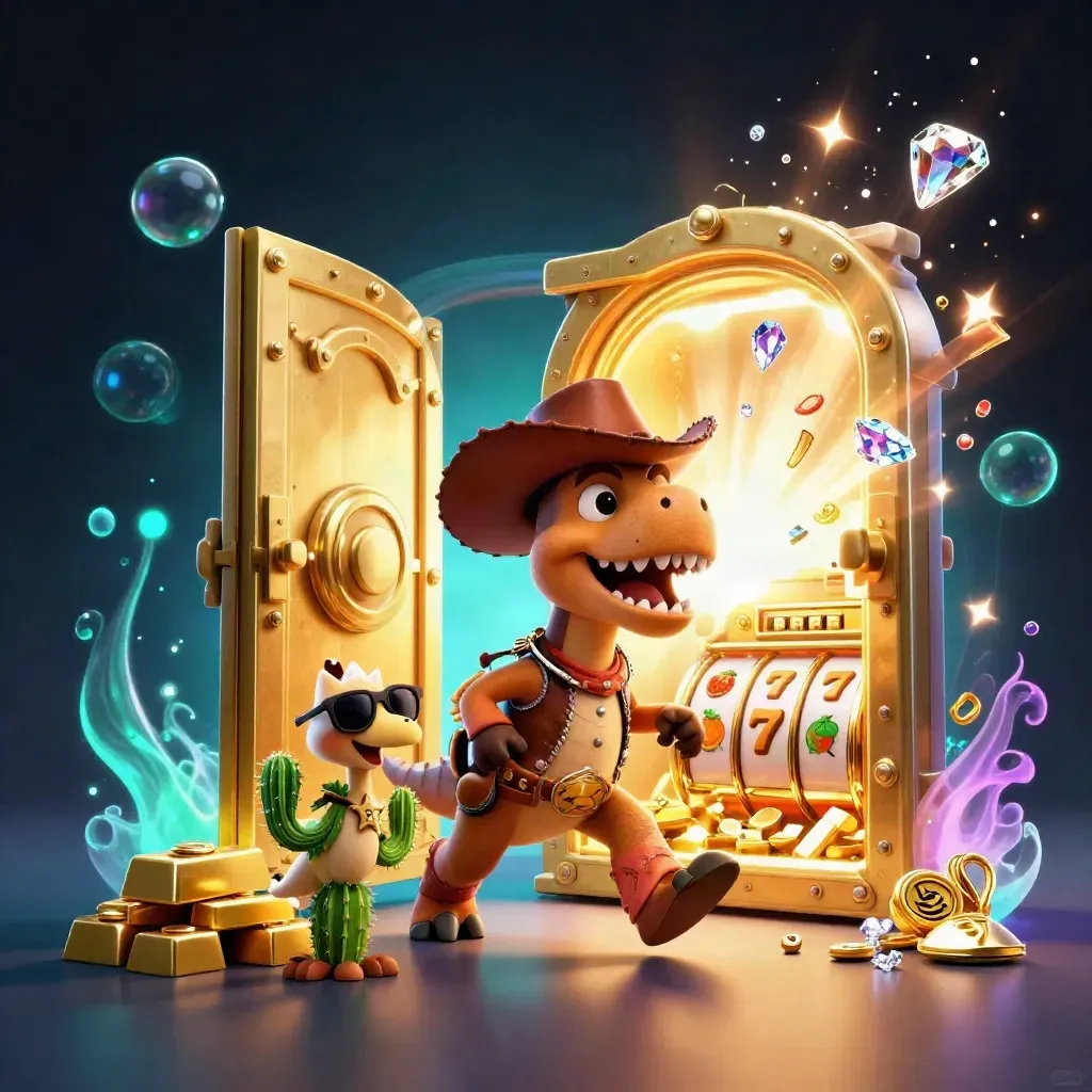 Cowboy T-Rex, cactus, and roadrunner explode from a glowing gold vault with casino symbols.