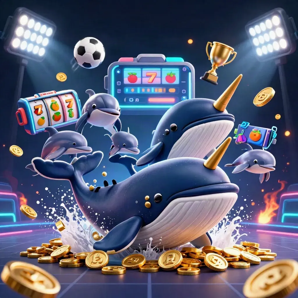 Whale captain, narwhal, dolphins, coins, sports balls, and casino lights in a neon gold splash.