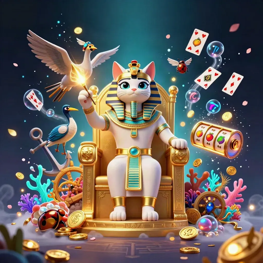 Golden pharaoh cat, ibis scribe, scarabs, coins, coral, and casino symbols in a dark neon glow